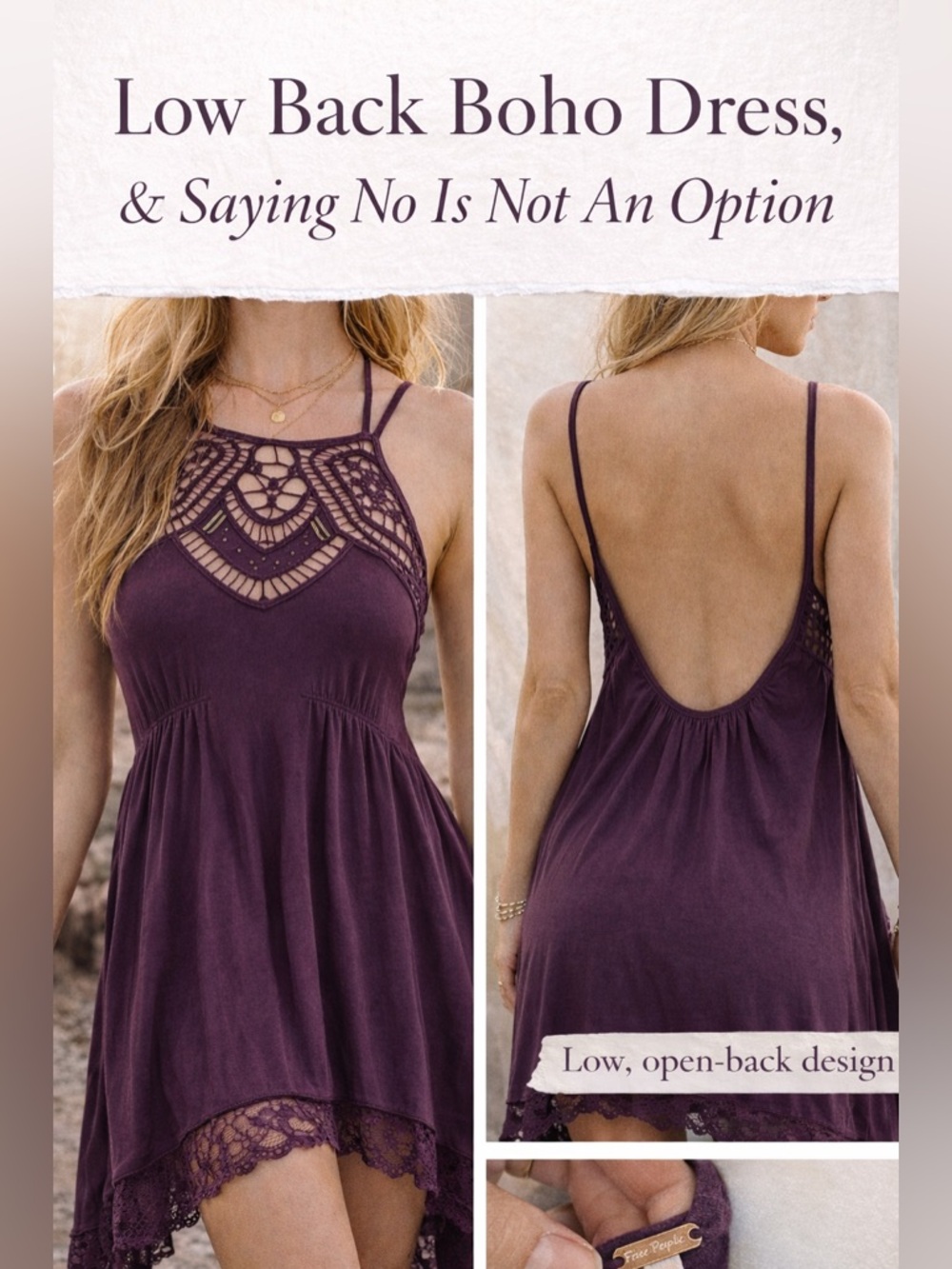 Dangerous Low Back Free People Deep Plum Swing Dress W/ Crochet Neck & Lace Hem - Picture 4 of 9
